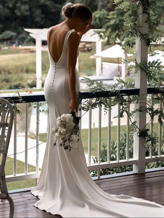 SoDigne Satin Simple Mermaid Wedding Dresses V-neck Sleeveless Elegant Bridal Dress Split Long Bride Gown vestidos de novia 2 SoDigne Satin Simple Mermaid Wedding Dresses V-neck Sleeveless Elegant Bridal Dress Split Long Bride Gown vestidos de novia – Bild 2