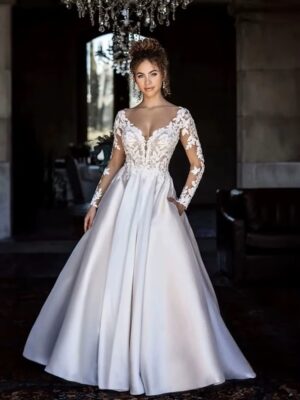 SoDigne Backless Boho Wedding Dresses With Pockets Long Sleeves V Neck Lace Bridal Dress Satin Bride Gowns Customized