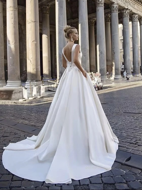 SoDigne Satin Simple A-line Wedding Dress O-neck Sleeveless Appliques Bride Dresses Long Elegant Bridal Gown Vestido De Noiva 2 SoDigne Satin Simple A-line Wedding Dress O-neck Sleeveless Appliques Bride Dresses Long Elegant Bridal Gown Vestido De Noiva – Bild 2