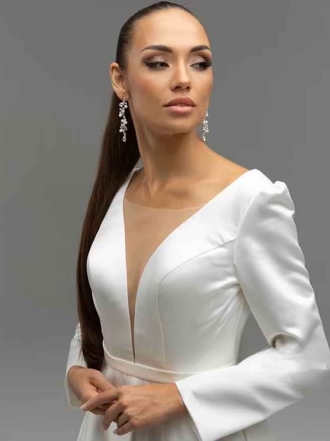 SoDigne A-line Satin Wedding Dresses V-neck Full Sleeves Bride Dress Elegant Long Wedding Gown vestidos de novia Customized 2 SoDigne A-line Satin Wedding Dresses V-neck Full Sleeves Bride Dress Elegant Long Wedding Gown vestidos de novia Customized – Bild 2