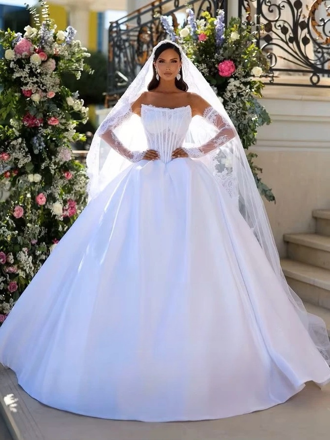 SoDigne A-line Satin/Lace Wedding Dresses Strapless Detachable Sleeves Bridal Dress Elegant 2025 Wedding Gown Custom Made  1 SoDigne A-line Satin/Lace Wedding Dresses Strapless Detachable Sleeves Bridal Dress Elegant 2025 Wedding Gown Custom Made 