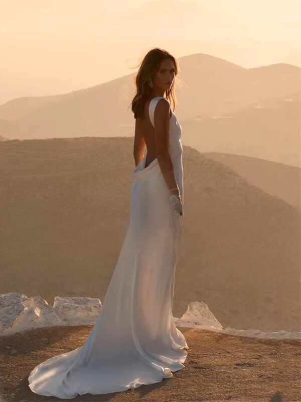 Modern Mermaid Wedding Dresses Women 2025 Boat Neck Sleeveless Open Back Sweep Train Bridal Gown Vestido De Noiva Customized – Bild 2