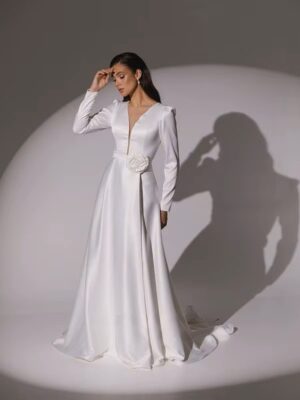 SoDigne A-line Elegant Wedding Dresses V-neck Full Sleeves Stain Bridal Dress Long Bridal Gown vestidos de novia 2025 Customized 5 S4fccdccf886443f18ea9e9795b686fe3z Cropped