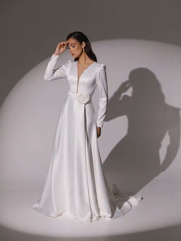 SoDigne A-line Elegant Wedding Dresses V-neck Full Sleeves Stain Bridal Dress Long Bridal Gown vestidos de novia 2025 Customized 2 SoDigne A-line Elegant Wedding Dresses V-neck Full Sleeves Stain Bridal Dress Long Bridal Gown vestidos de novia 2025 Customized – Bild 2