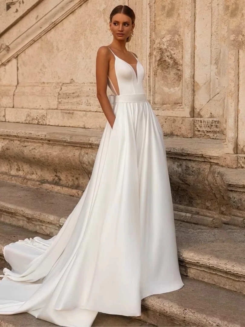 Elegant Wedding Dress For Woman Sweetheart-Neck A-Line Spaghetti Straps Open Back Bride Gown Train Vestidos De Novia Customized 1 Elegant Wedding Dress For Woman Sweetheart-Neck A-Line Spaghetti Straps Open Back Bride Gown Train Vestidos De Novia Customized