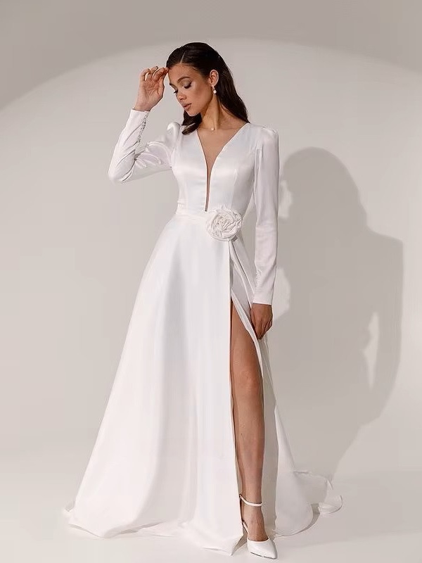 SoDigne A-line Elegant Wedding Dresses V-neck Full Sleeves Stain Bridal Dress Long Bridal Gown vestidos de novia 2025 Customized 4 SoDigne A-line Elegant Wedding Dresses V-neck Full Sleeves Stain Bridal Dress Long Bridal Gown vestidos de novia 2025 Customized – Bild 4