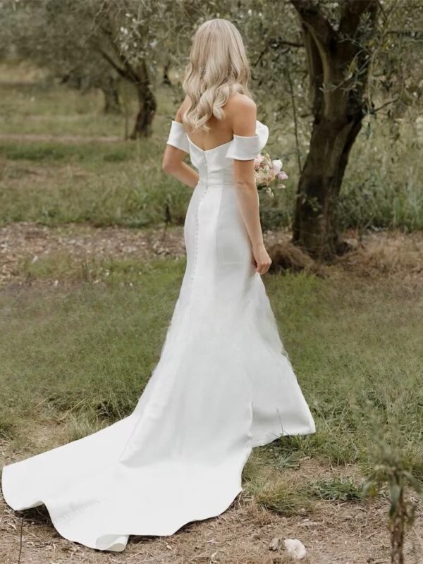 Elegant Sweetheart Off The Shoulder Wedding Dresses Women Pleat Open Back Train Satin Bridal Gown Vestidos De Noiva Customized – Bild 2