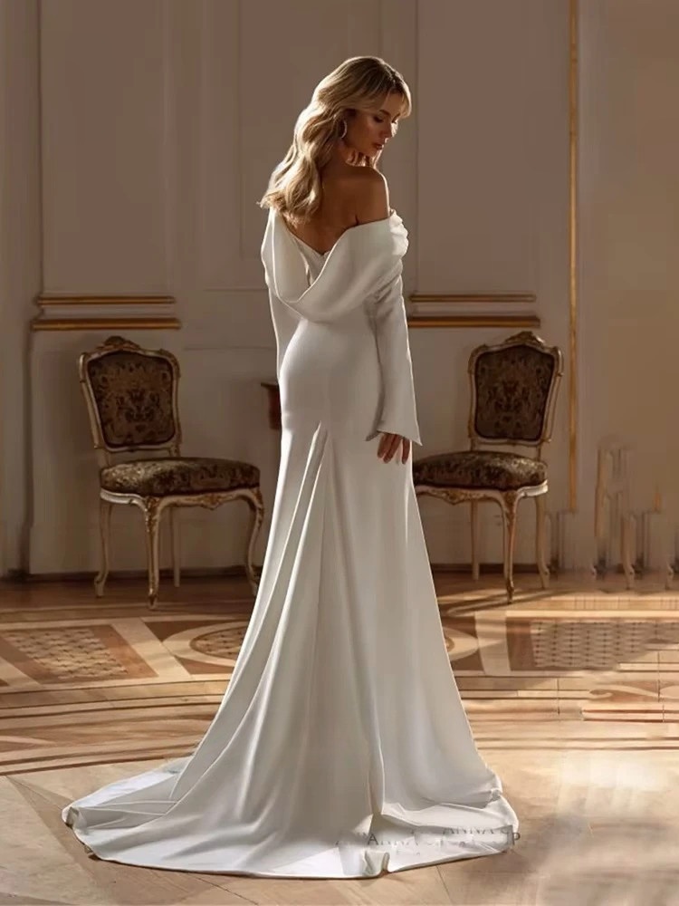 Modern Long Sleeves Mermaid Wedding Dress 2025 Off The Shoulder Pleat Open Back Train Bridal Gown Vestido De Noiva Customized 2 Modern Long Sleeves Mermaid Wedding Dress 2025 Off The Shoulder Pleat Open Back Train Bridal Gown Vestido De Noiva Customized – Bild 2