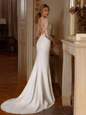 Elegant Mermaid Wedding Dress Women Long Sleeves Lace Illusion Back O-Neck Crepe Bridal Gown Train Vestidos De Noiva Customized 3 S61834a0436f740cb9fdd8d2ea26d0ba2Q Cropped