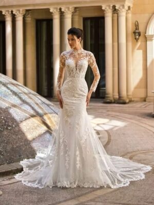 SoDigne Mermaid Lace Appliques Wedding Dresses Tulle Full Sleeves Bridal Dress Long Bride Gown vestidos de novia Customized