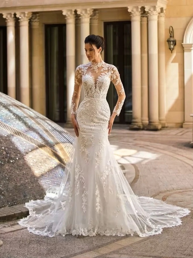 SoDigne Mermaid Lace Appliques Wedding Dresses Tulle Full Sleeves Bridal Dress Long Bride Gown vestidos de novia Customized 1 SoDigne Mermaid Lace Appliques Wedding Dresses Tulle Full Sleeves Bridal Dress Long Bride Gown vestidos de novia Customized