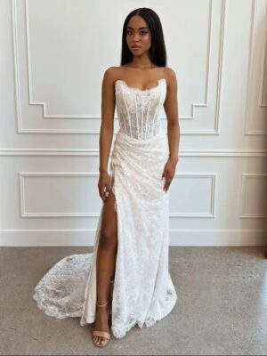 SoDigne Mermaid Lace Wedding Dresses Strapless Sleeveless Bridal Dress Customized Women Split Long Wedding Gown