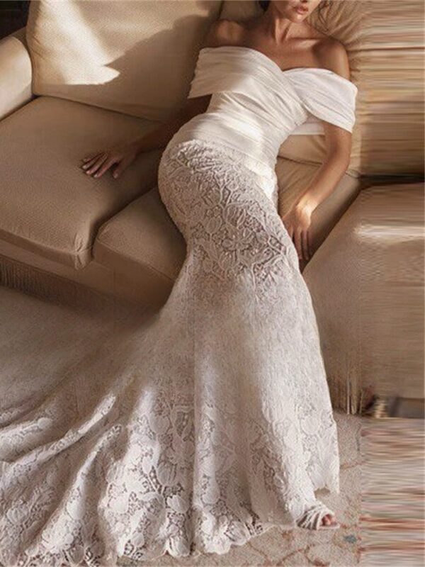 BIGDAY Luxury Lace Mermaid Wedding Dress Women Off The Shoulder Pleat Open Back V-Neck Bridal Gown Vestido De Noiva Customized – Bild 3