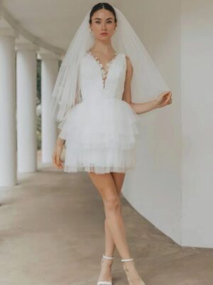 SoDigne Short Tulle Wedding Dresses V-neck Sleeveless Appliques Tiered Bridal Dress 2025 Mini A-line Customized Bride Gown