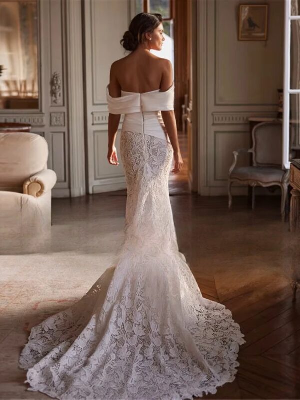 BIGDAY Luxury Lace Mermaid Wedding Dress Women Off The Shoulder Pleat Open Back V-Neck Bridal Gown Vestido De Noiva Customized – Bild 2