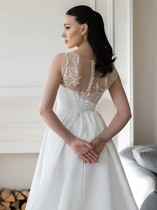 SoDigne A-line Satin Appliques Bride Dresses O-neck Sleeveless Wedding Dress Long Bridal Gowns vestidos de novia Customized 4 SoDigne A-line Satin Appliques Bride Dresses O-neck Sleeveless Wedding Dress Long Bridal Gowns vestidos de novia Customized – Bild 4