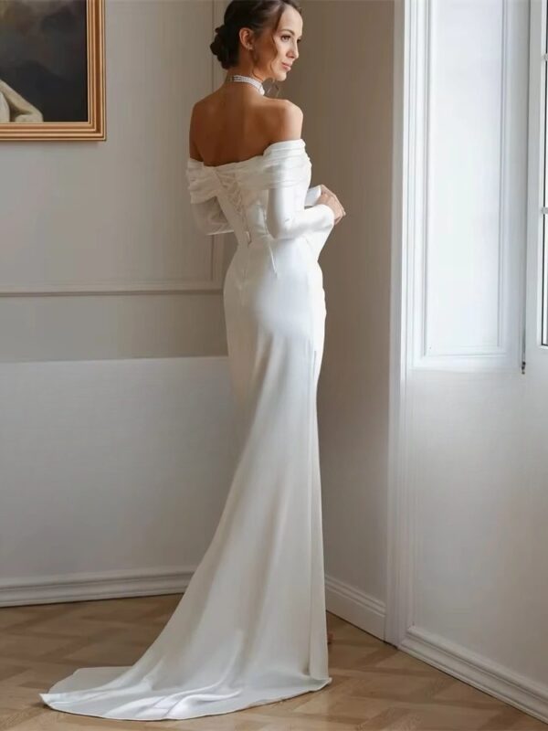 Modern Long Sleeve Mermaid Wedding Dresses Satin Pleat Off The Shoulder High Side Split Bridal Gown Vestido De Noiva Customized – Bild 2