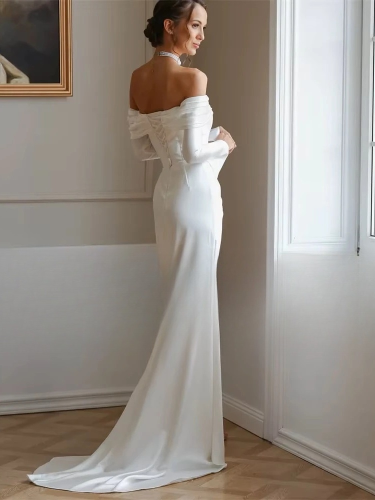 Modern Long Sleeve Mermaid Wedding Dresses Satin Pleat Off The Shoulder High Side Split Bridal Gown Vestido De Noiva Customized 2 Modern Long Sleeve Mermaid Wedding Dresses Satin Pleat Off The Shoulder High Side Split Bridal Gown Vestido De Noiva Customized – Bild 2
