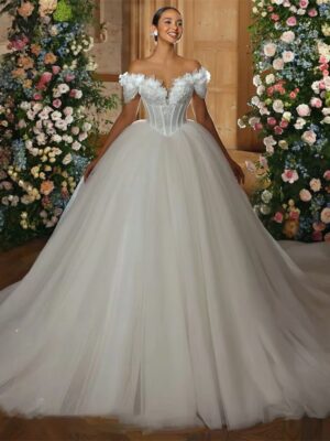 LORIE Vintage Glitter Lace Wedding Dress Ball V-Neck Applique Sparkly 3D Flower Bridal Gown Princess Ball Bride Dress Customized