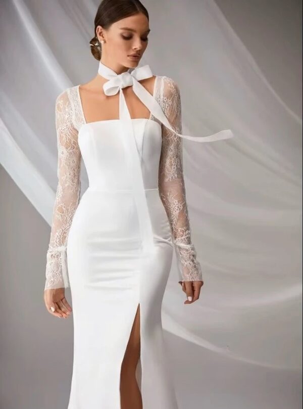 SoDigne Mermaid Elegant Wedding Dress Square Collar Full Sleeves Satin/Lace Bride Dresses Split Bridal Gown Vestido De Noiva – Bild 3