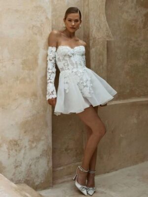 Civil Short Boho Wedding Dresses Appliques Half Sleeve sweetheart Mini Wedding Gowns For Bride Floral Print Robe 2025 Customized