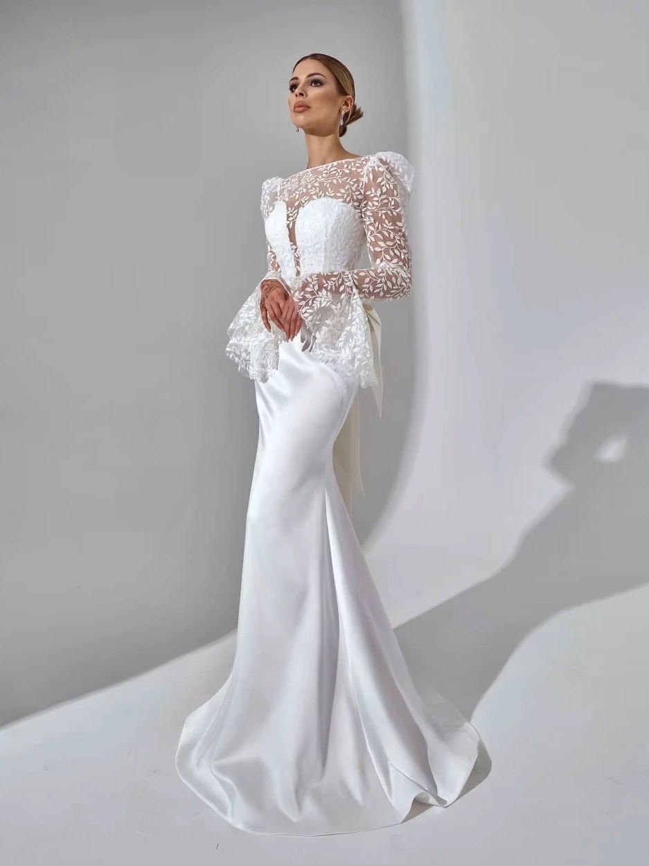 SoDigne Mermaid Satin Bride Dresses Appliques Full Sleeves Wedding Dress Long Bridal Gowns with Bow Robe De Mairee Customized 1 SoDigne Mermaid Satin Bride Dresses Appliques Full Sleeves Wedding Dress Long Bridal Gowns with Bow Robe De Mairee Customized
