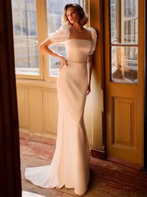 Classic Mermaid Wedding Dress Women Short Puff Sleeve Square Collar Illusion Back Bridal Gown Train Vestidos De Noiva Customized