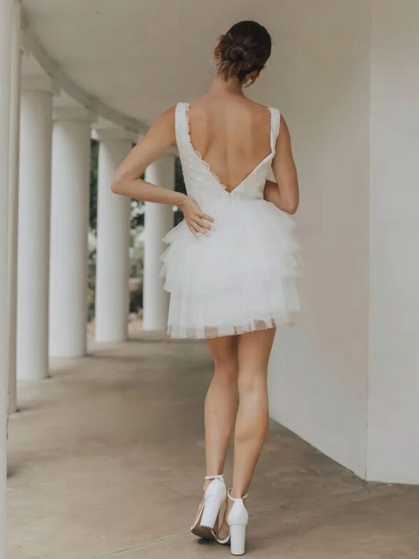 SoDigne Short Tulle Wedding Dresses V-neck Sleeveless Appliques Tiered Bridal Dress 2025 Mini A-line Customized Bride Gown – Bild 2