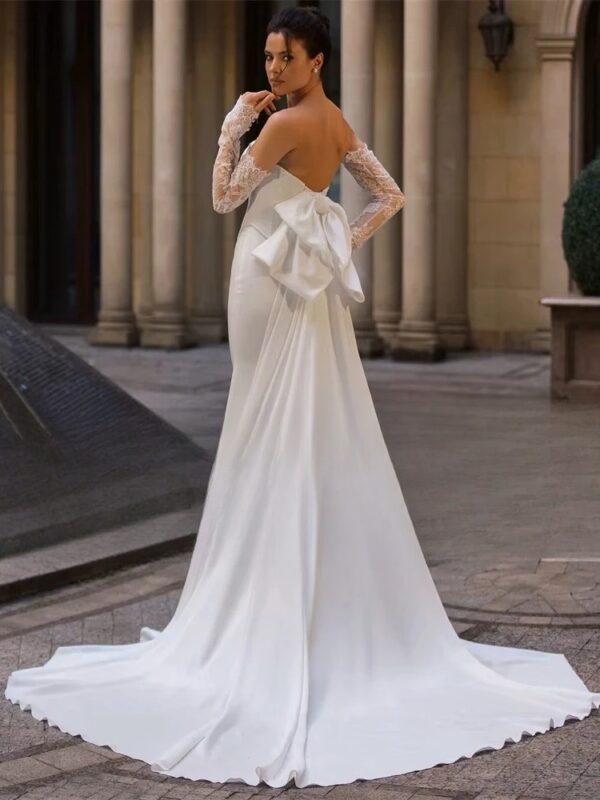 BIGDAY Modern Mermaid Wedding Dress Women Long Lace Sleeves Bow Strapless Open Back Bridal Gown Vestidos De Noiva Customized – Bild 2
