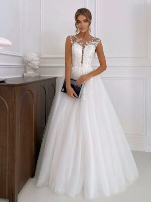 SoDigne A-line Appliques Wedding Dresses O-neck Sleeveless Tulle Bridal Dress Long Wedding Gown Robe De Mairee ﻿Customized