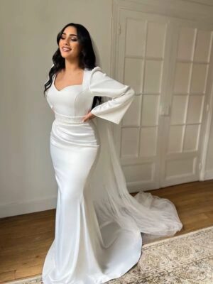SoDigne Mermaid Satin Wedding Dresses Full Sleeves Sweetheart Elegant Bridal Dress Wedding Gown Bow Robe De Mairee ﻿Customized