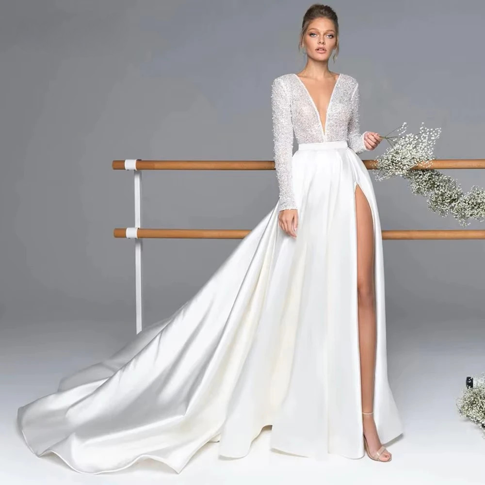 Luxury Long Sleeve Satin Wedding Dress Deep V-Neck Side Split Bridal Gown Vestido De Novia Train Vestidos De Novia Customized 4 Luxury Long Sleeve Satin Wedding Dress Deep V-Neck Side Split Bridal Gown Vestido De Novia Train Vestidos De Novia Customized – Bild 4