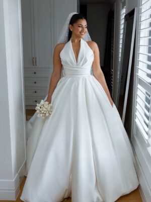 SoDigne A-line Satin Simple Wedding Dresses Sleeveless Halter Bridal Dress Long Wedding Gown Robe De Mairee ﻿Customized