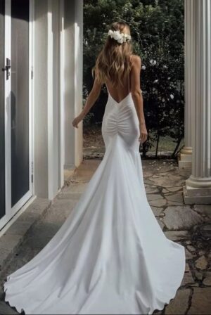 SoDigne Simple Mermaid Wedding Dresses V-neck Sleeveless Satin Elegant Bridal Dress Long Backless Bride Gown vestidos de novia 3 Se1d39993a3684b1a9c28c717ee01fd05C Cropped