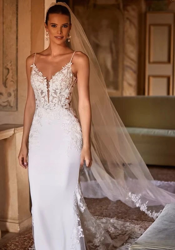 SoDigne Mermaid Lace Appliques Wedding Dresses V-neck Sleeveless Satin Bridal Dress Long Wedding Gown Robe De Mairee Customized 3 SoDigne Mermaid Lace Appliques Wedding Dresses V-neck Sleeveless Satin Bridal Dress Long Wedding Gown Robe De Mairee Customized – Bild 3