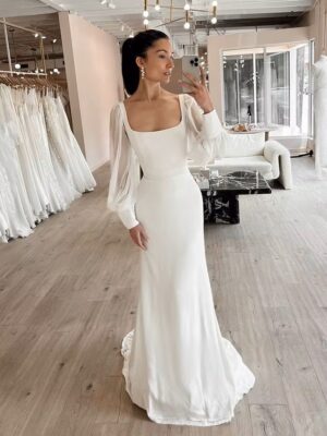 SoDigne Dubai Simple Wedding Dresses For Woman 2023 Long Sleeves Square Neck Bride Gowns Customized Bridal Gown vestido de novia
